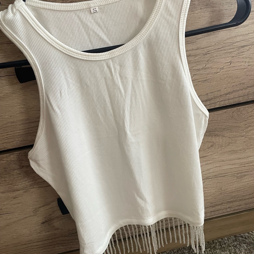 White Sleeveless Fringe Top with Silver Dangles
